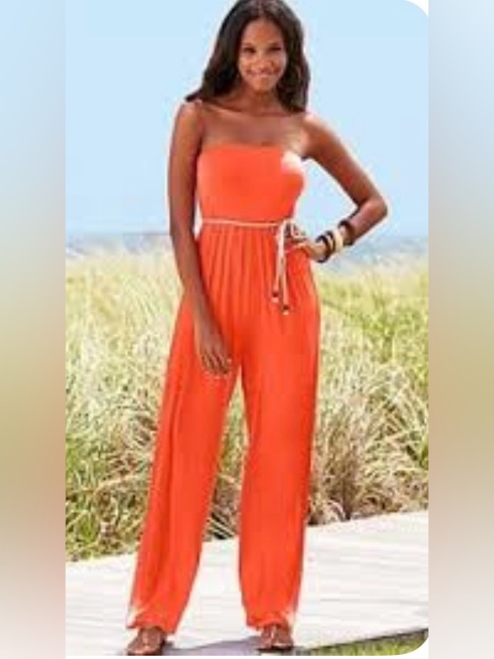 Trina Turk Strapless Coral Jumpsuit with Braided Tassel Belt Size Small